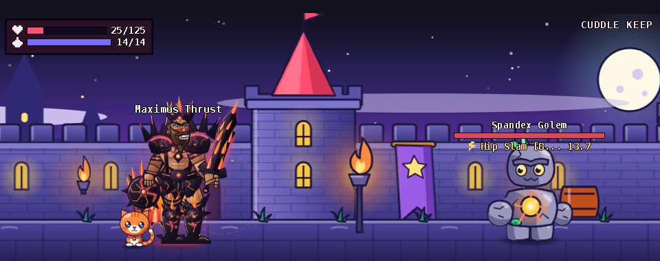The party's knight and pet cat face a golem outside a moonlit castle