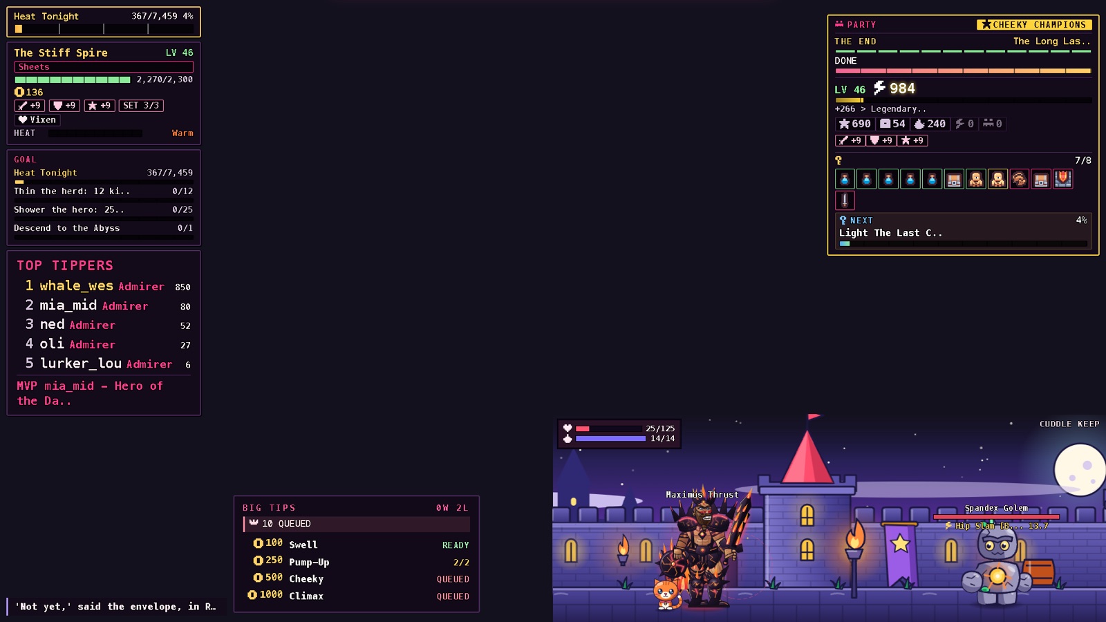 Full overlay layout with quest, goal, top tippers and party panels around the edges