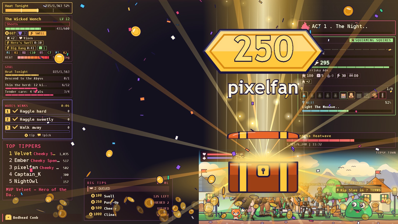 A treasure chest erupts with light as a 250 token tip lands