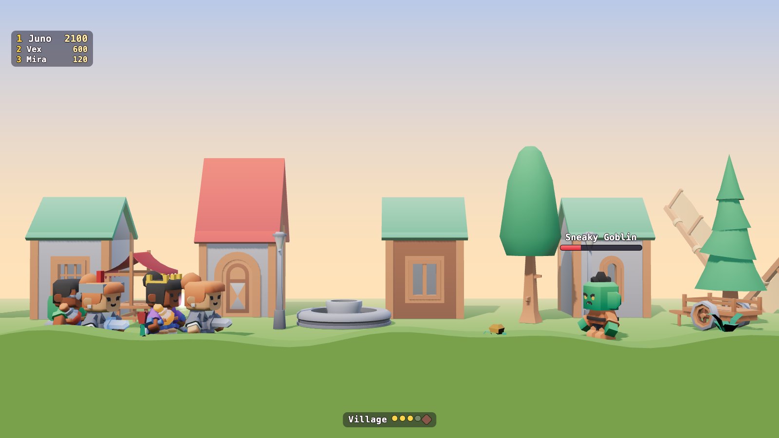 The full-frame view: the village, the party on the left, a goblin on the right, the top tippers and the zone progress dots